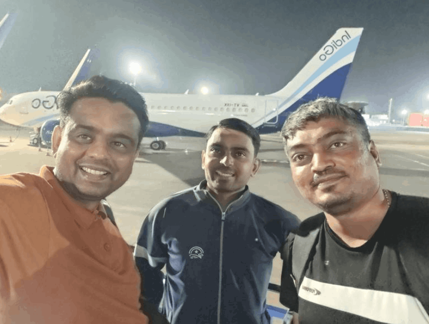 Team at Ahmedabad airport before departure Nikhil, Milan, Kalpesh, bags packed, excited to head to Kochi