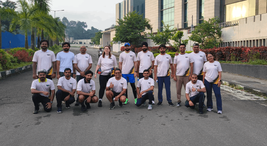 Morning run group, Kochi streets or waterfront at sunrise
